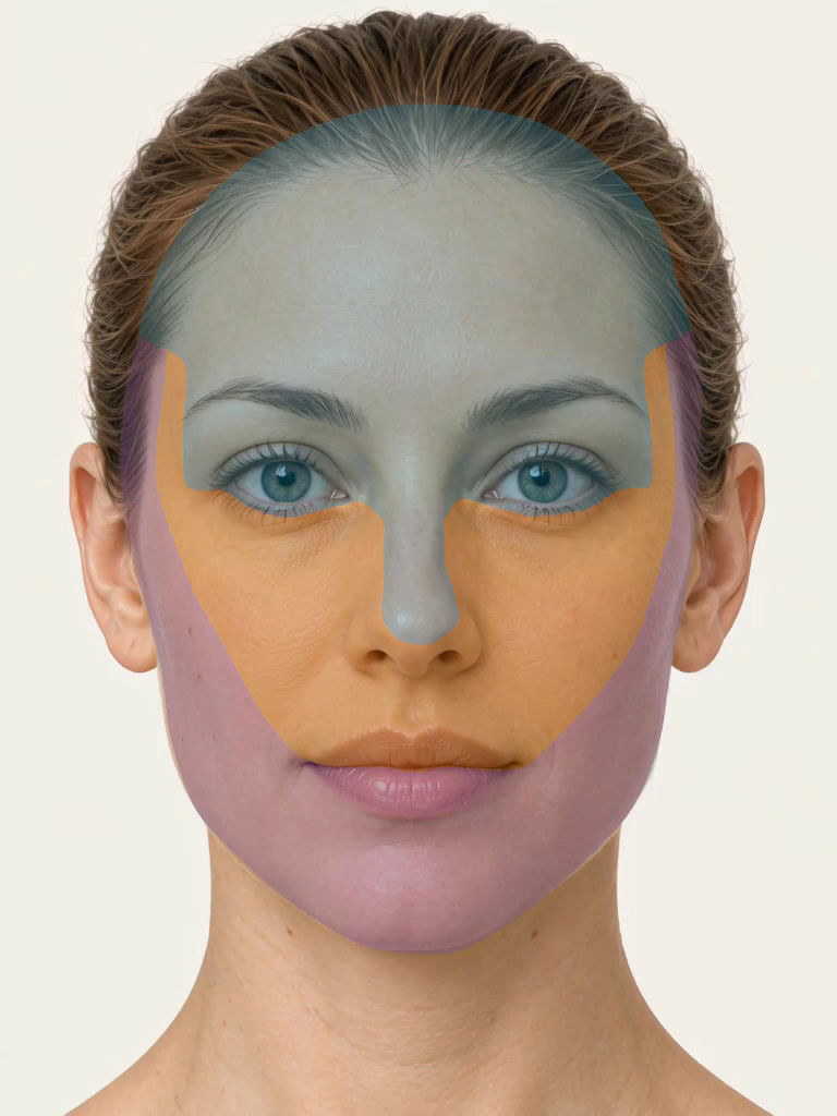 Trigeminal sensory territories on the same face, facing forward: teal V1, amber V2 and violet V3. The angle of the jaw and neck are uncolored.