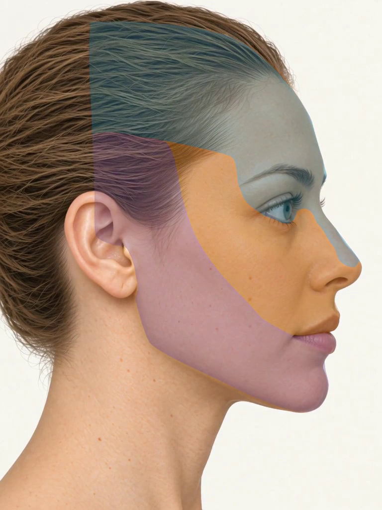 Trigeminal sensory territories on the same face, turned to the side: teal V1, amber V2 and violet V3. The angle of the jaw and neck are uncolored.